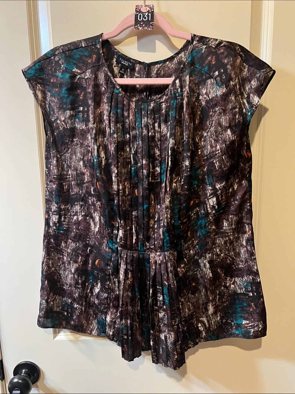 Talbots Teal, Black and Brown Abstract Pleated Cap-Sleeve Blouse